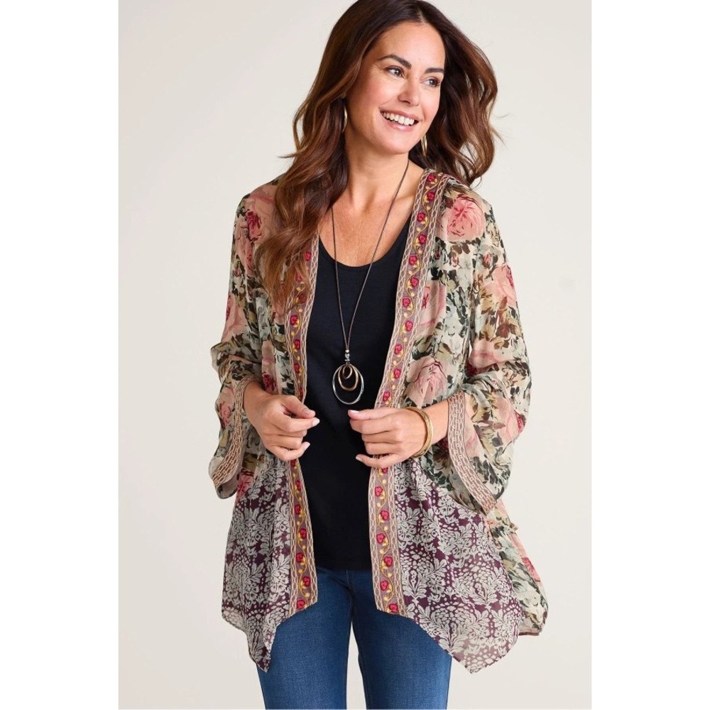 Soft Surroundings Boho Peasant Cottage Floral Sheer Embroidered Cardigan Size XS